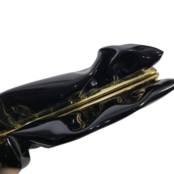 Vintage Vinyl Clutch Bag Black Patent Leather Gathered Shiny Evening Frame Small - Picture 14 of 15